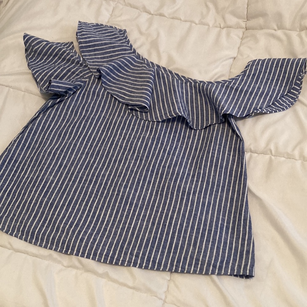 Madewell One Shoulder Ruffle Blue Striped Linen/Cotton Blend Top Size 4 - Picture 4 of 9